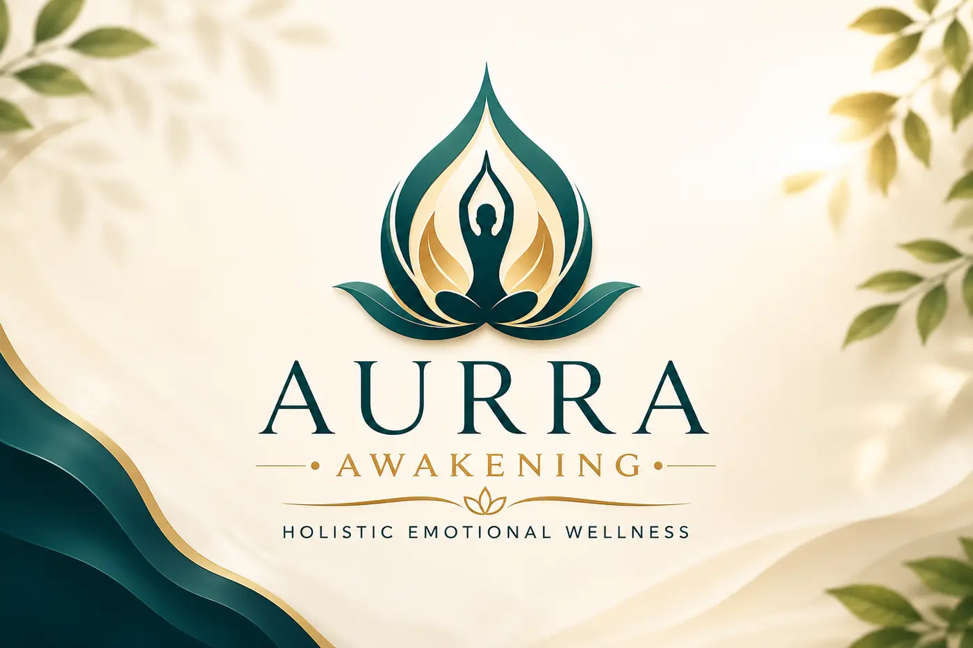 AURRA AWAKENING brand — lotus emblem on warm cream with botanical light